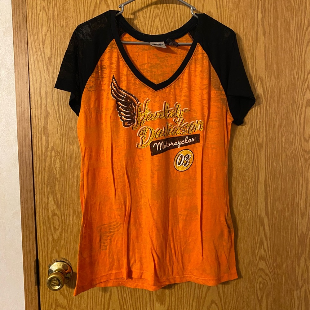 Harley-Davidson Graphic Raglan Tee Orange and Black - Picture 1 of 5